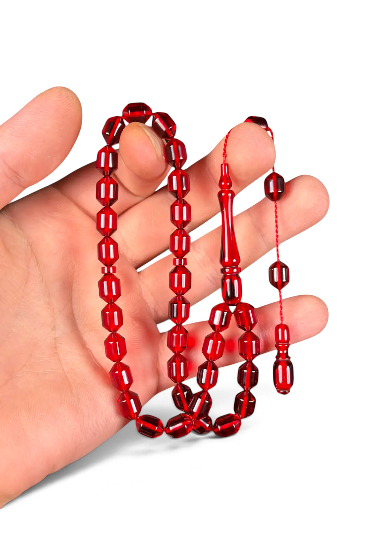 HERİF Ayhan Turan usta işçilikli, şeffaf kırmızı ateş kehribar, 7x10 mm uçlu kapsül kesim tesbih